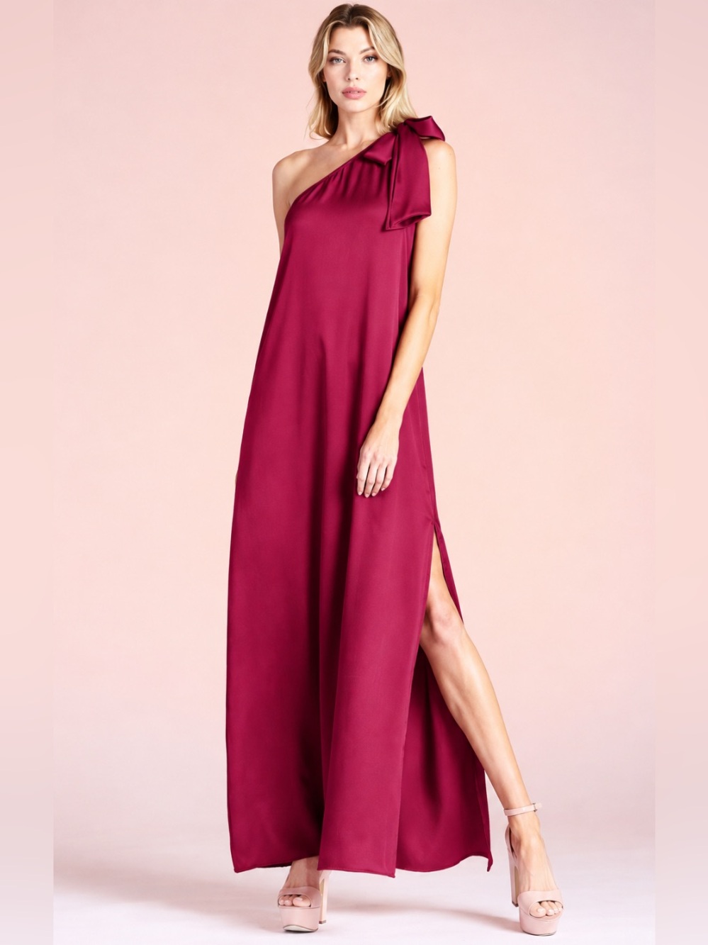 Tyche Shiny Hammered Satin Tie One Shoulder Maxi Dress | Small | Rasberry